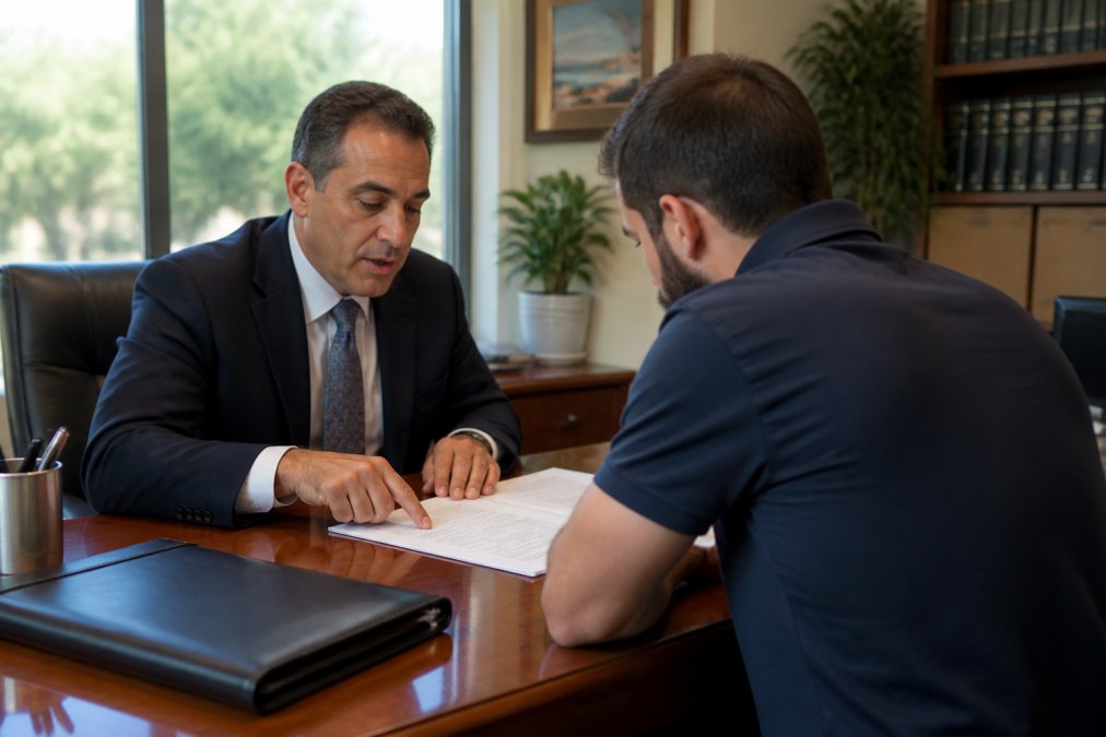 A professional attorney in an office meeting with a client, reviewing documents and discussing case details at a desk with natural lighting