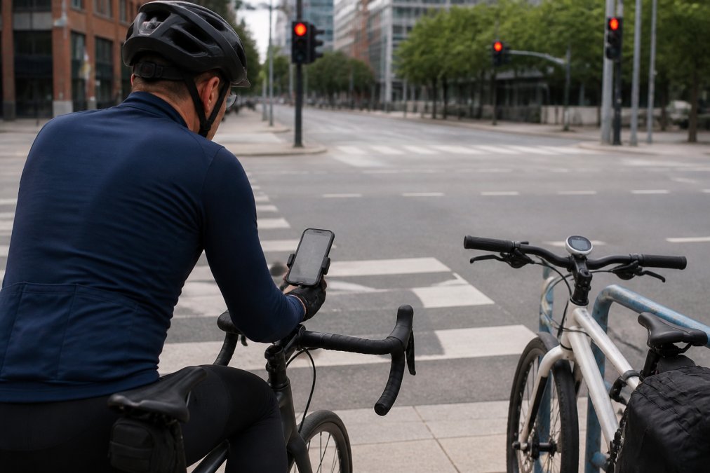 Cyclist checking a smartphone mount while a dedicated bike navigation app vs dedicated device sits nearby