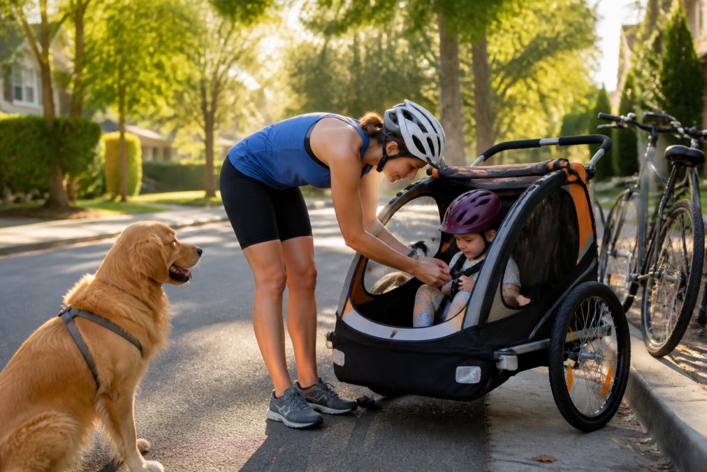 Parent loading a child into a bike trailer for kids and pets as a dog watches on a sunny suburban street