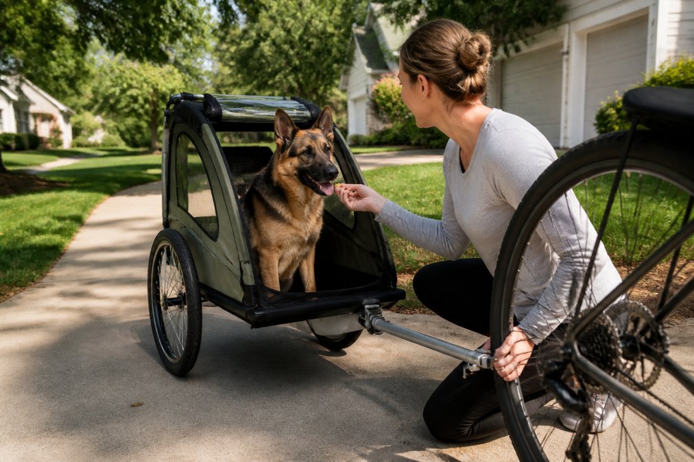 Owner giving a treat to a calm German Shepherd sitting in a bike trailer for large dogs in a sunny driveway