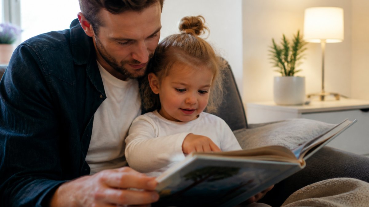 En voksen og et barn som sitter tett sammen i en sofa og leser en bildebok, barnet peker på et bilde, mykt lys fra en lampe, rolig og varm stemning