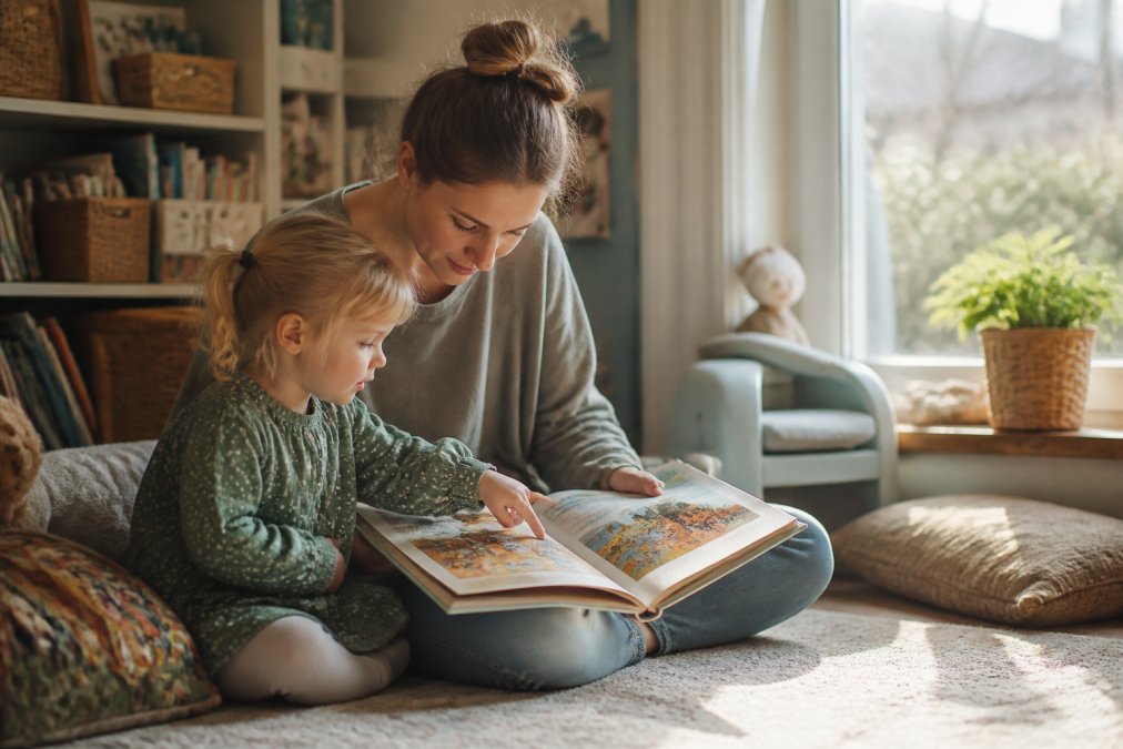 En voksen og et barn sitter tett sammen på gulvet og ser nøye på illustrasjonene i en bildebok. Barnet peker på en side mens den voksne lytter oppmerksomt. Varmt, naturlig lys fra et vindu.