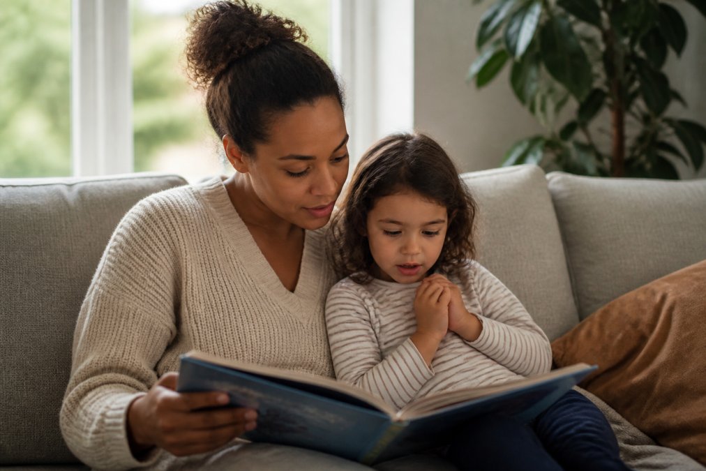 En voksen og et barn sitter sammen på en sofa med en bildebok åpen mellom seg, barnet sitter tett inntil med engasjert uttrykk, varmt hjemmemiljø med naturlig lys fra vindu