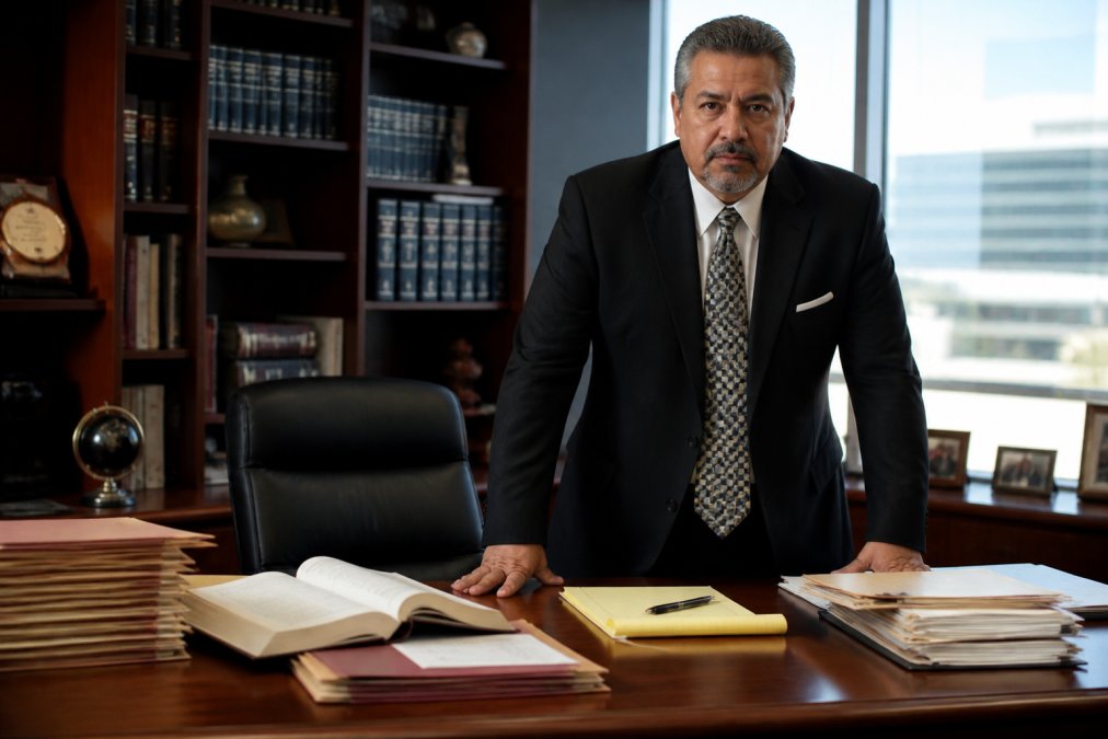 Professional criminal defense attorney in dark business suit standing confidently in modern law office with case files and legal documents organized on mahogany desk, assertive posture, professional demeanor