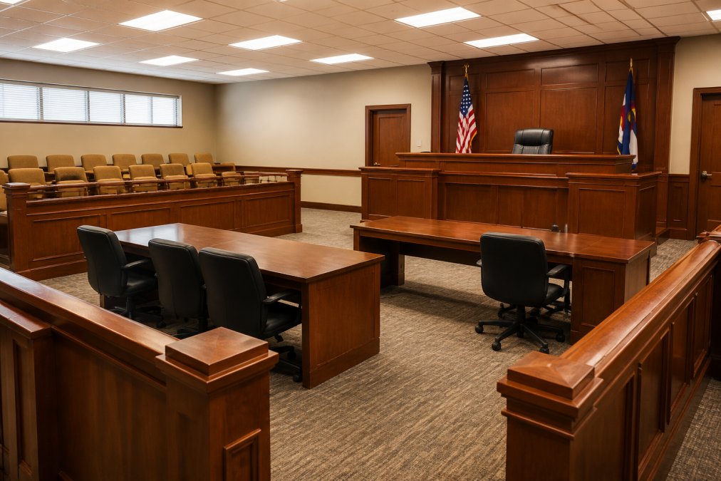 Interior of formal courtroom with polished wooden judge's bench elevated at front, jury box with wooden chairs on left side, defendant's table and prosecution table facing the bench, gallery seating in background, fluorescent overhead lighting, American flag and state flag displayed