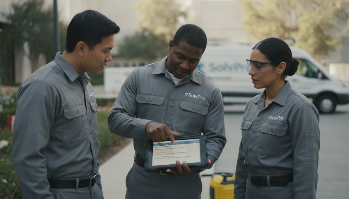 A diverse team of field technicians in work uniforms reviewing a work order on a mobile device in bright daylight, with one technician pointing at the screen while another observes and takes notes