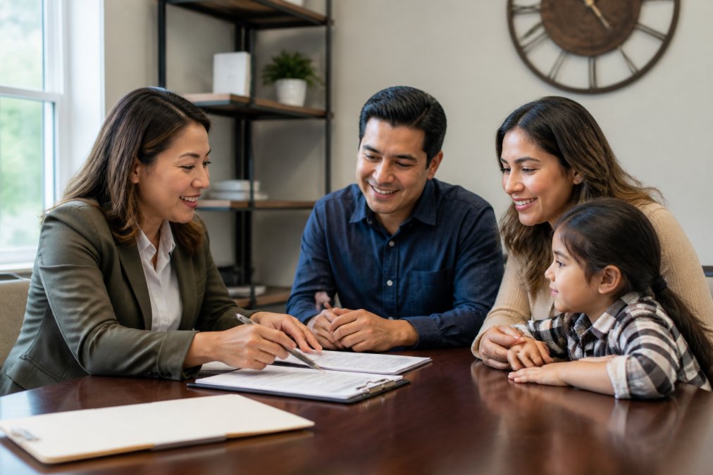 A bilingual insurance agent sitting at a desk with a Hispanic family, reviewing policy documents together in a bright office, both smiling and engaged in conversation