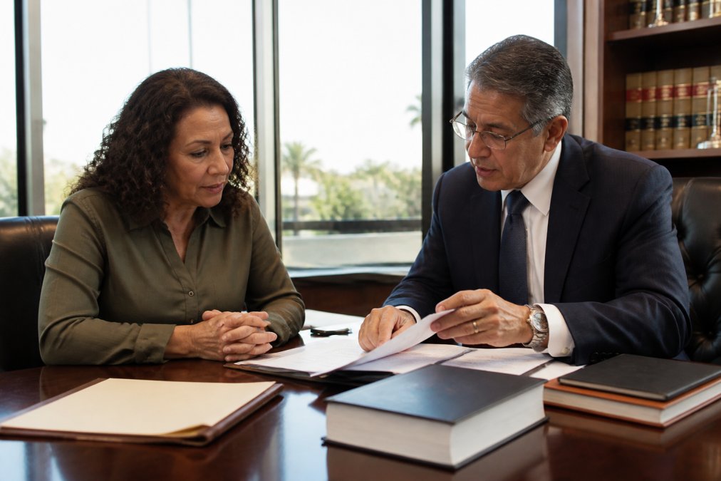 Professional attorney meeting with diverse client in modern law office, reviewing case documents across polished desk with warm natural lighting from floor-to-ceiling windows