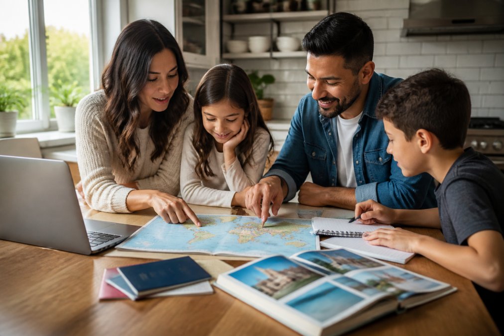 A bilingual family, two adults and two children of different ages, gathered around a laptop and travel documents at a kitchen table, pointing at a destination on a map, with notebooks and passports visible, natural morning light streaming through the window