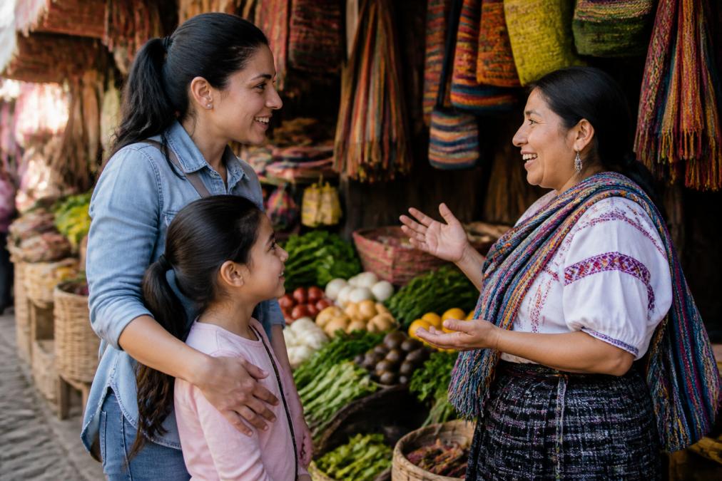 A parent and child interacting with a local tour guide in a vibrant market setting, engaged in animated conversation with genuine smiles and hand gestures, colorful textiles and produce visible in the background
