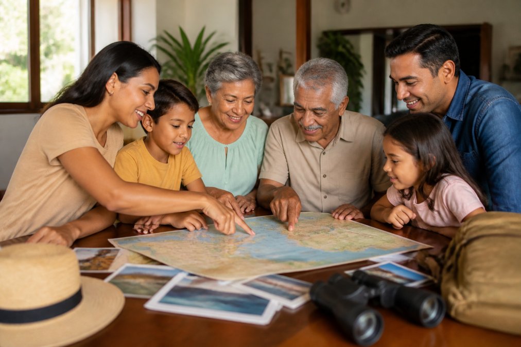 A diverse multi-generational family gathered around a dining table with maps, travel documents, and a laptop spread out, reviewing and pointing to details in a travel itinerary together, warm afternoon lighting