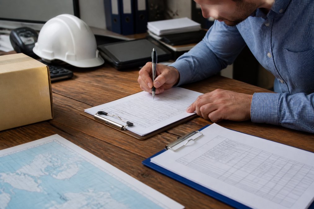 Professional logistics coordinator carefully completing a bill of lading form at a wooden desk with shipping documents, clipboard, pen, and cargo manifest visible under bright office lighting