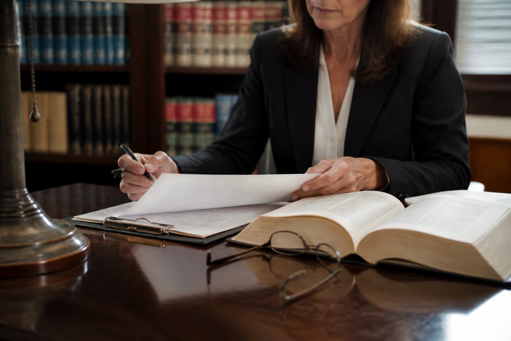 Person reviewing legal documents and constitutional materials at a desk with an open law book and reading glasses in natural office lighting