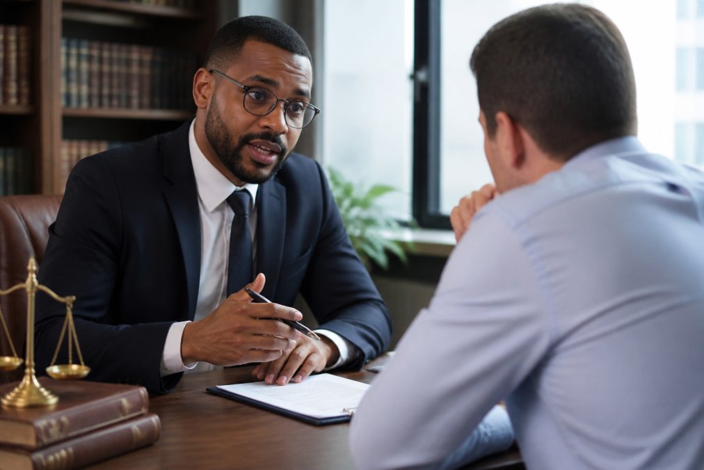 Professional attorney or legal advisor speaking with a client in a modern office setting, with documents on the desk between them and natural lighting