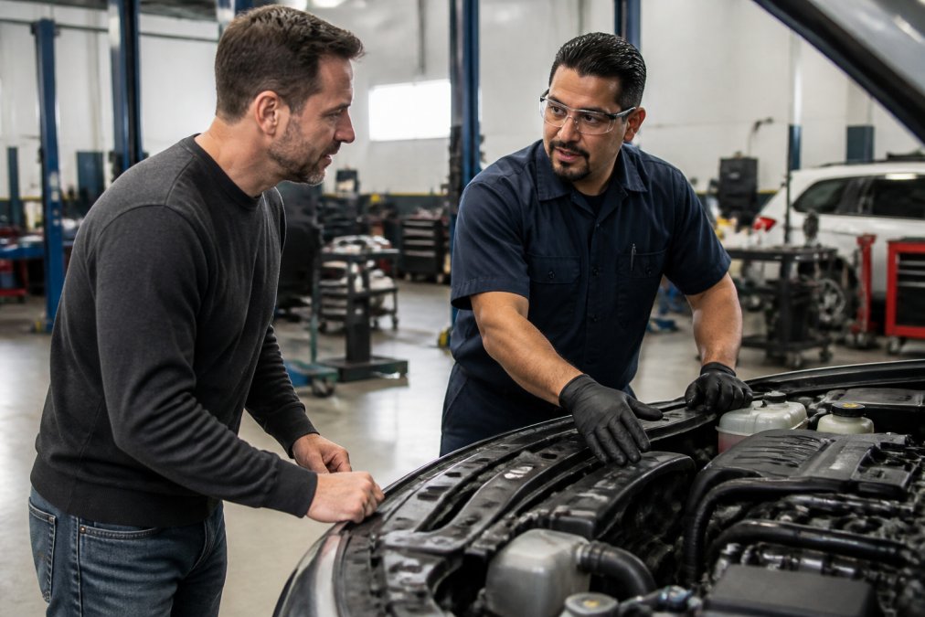 A customer speaking with an ASE-certified mechanic in a clean, professional auto repair shop, examining a vehicle together with natural lighting from overhead panels