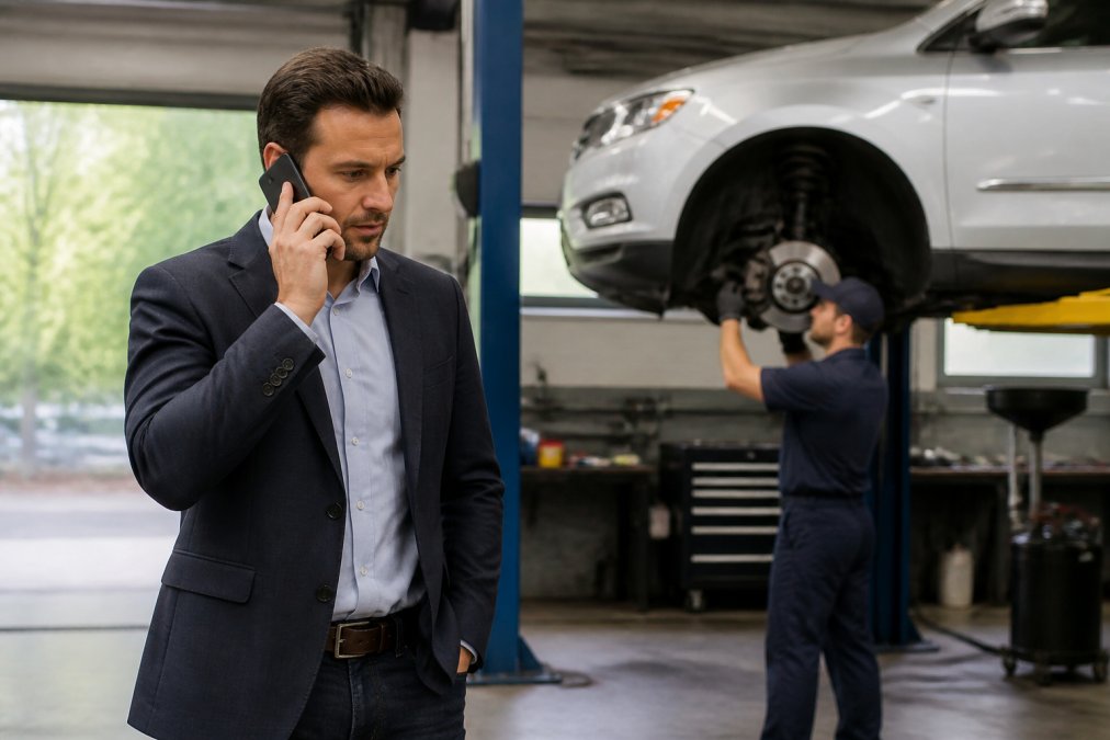 A busy professional on a phone while a mechanic works on a vehicle in the background in a clean shop bay, showing the convenience of free pickup service