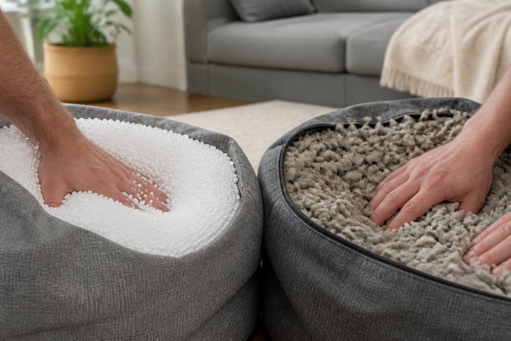 Close-up of two hands pressing into different beanbag fillings, one showing white polystyrene beads and the other showing shredded grey foam, in a bright living room setting