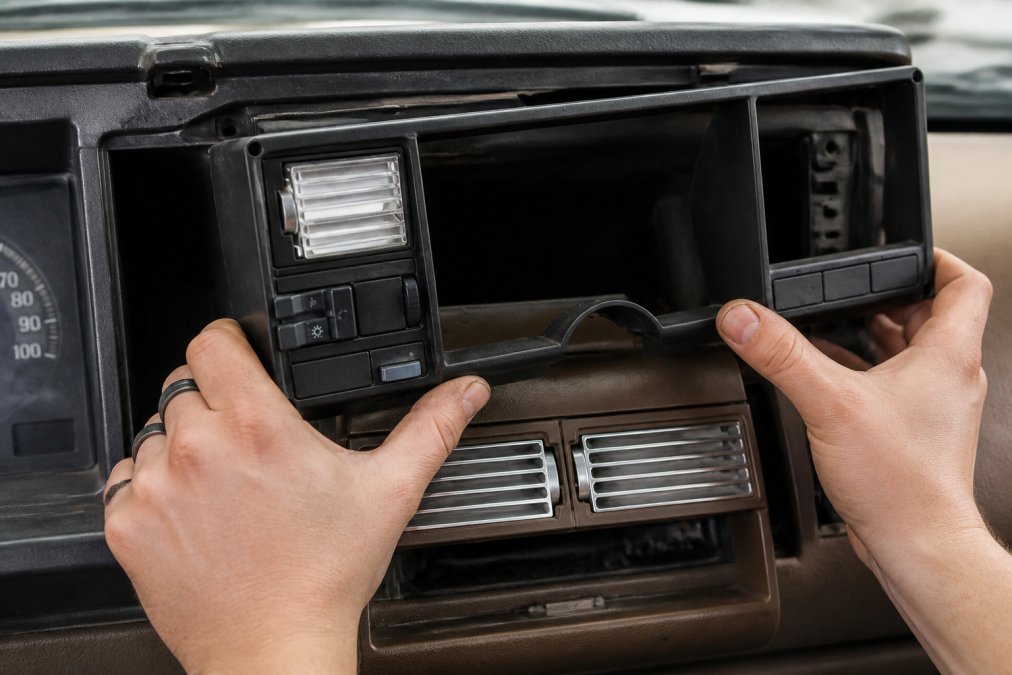 Close-up of mechanic's hands carefully removing a factory plastic vent from a classic truck dashboard, showing the clips and mounting points being released