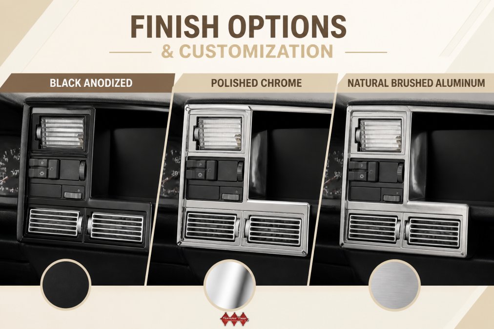 Professional photograph showing three billet aluminum vents in different finishes displayed side-by-side in a classic truck dashboard interior, one in black anodized, one in polished chrome, one in natural brushed aluminum with professional studio lighting