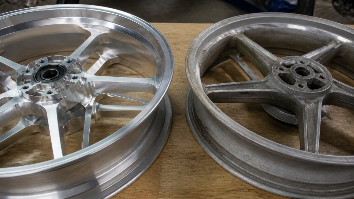 Close-up of a machined billet aluminum supermoto wheel next to a factory cast wheel on a workbench, with visible surface finish differences between the two rims