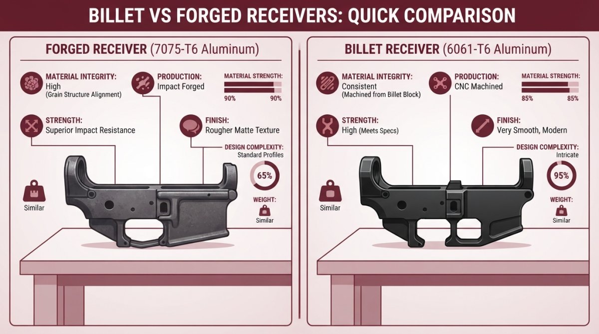 A side-by-side photo on a workbench showing a raw forged receiver with a rough, dark exterior next to a CNC-machined billet receiver with a smooth, modern finish under bright shop lighting