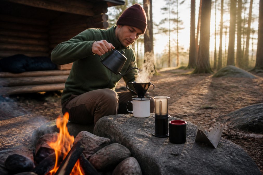 Person brygger kaffe med Hario V60 ved et bål, et billigt outdoor kaffeudstyr til hyggelige shelterture.