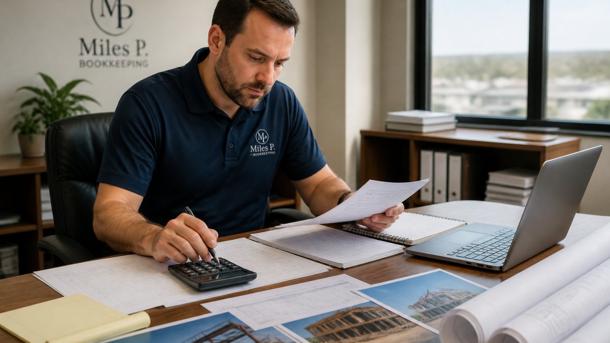 Contractor reviewing project documents and financial statements at a desk with laptop, calculator, and construction project photos nearby