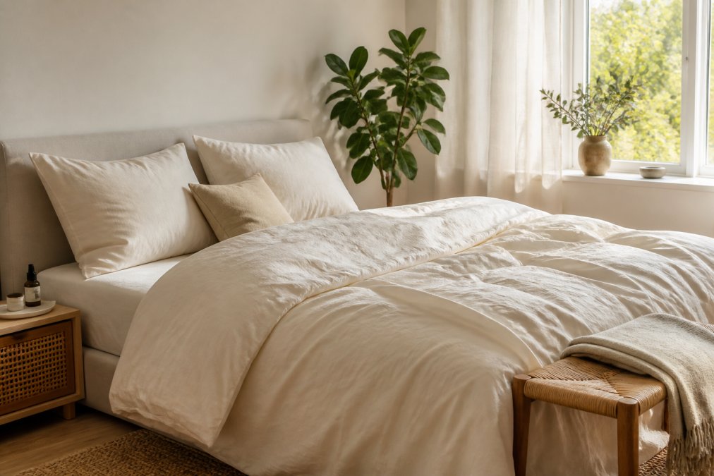 Gemütliches Schlafzimmerszenario mit hochwertigem Bett, bezogen mit eleganter Bio-Bettwäsche in neutralen Farben, weiche Morgenlichtstimmung, Kissen und Decke sichtbar, hochwertige Textilien deutlich erkennbar