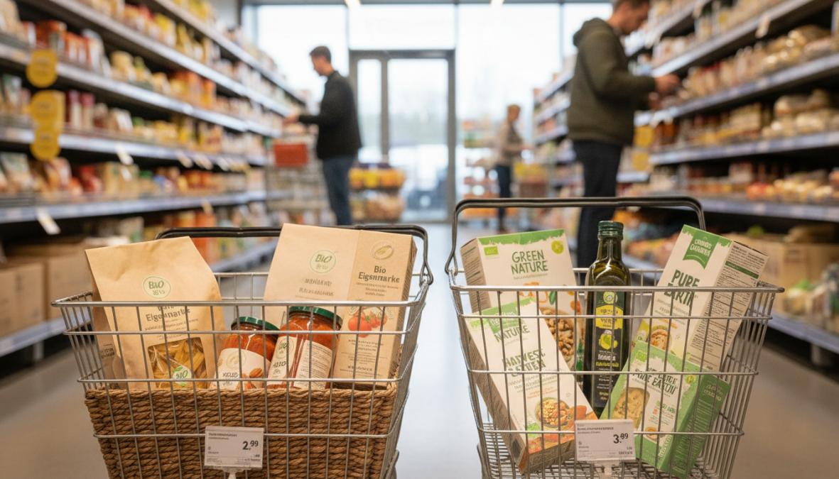 Nahaufnahme von Bio-Produkten verschiedener Bio Eigenmarken und Herstellermarken im Supermarktregal mit Preisschildern.