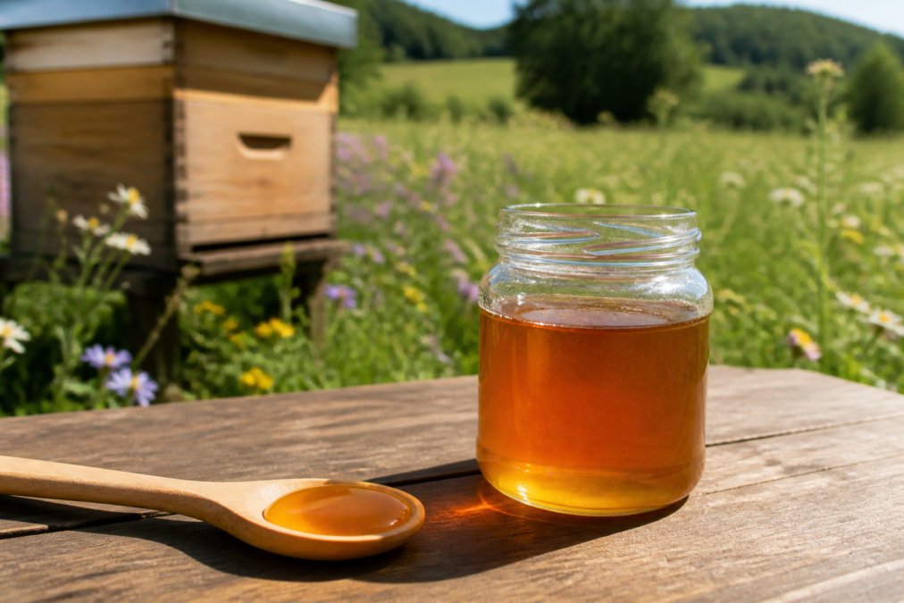 Nahaufnahme eines offenen Honigglases auf einem Holztisch, daneben ein Löffel mit goldgelbem Honig, im Hintergrund unscharf ein Bienenstock und blühende Wiesenblumen in Luxemburg