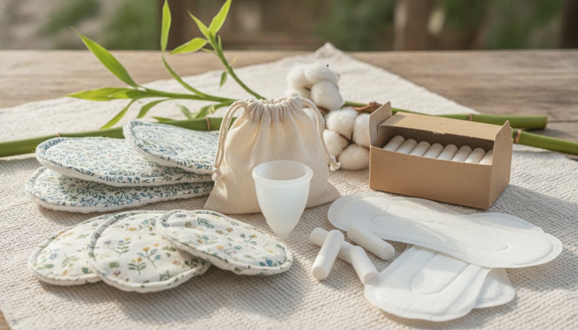 Různé typy ekologických menstruačních pomůcek (papírové vložky, tampony, menstruační kalíšek, látkové vložky a menstruační kalhoty) pěkně uspořádané na přírodním pozadí s bambusem, bavlnou a přírodními prvky