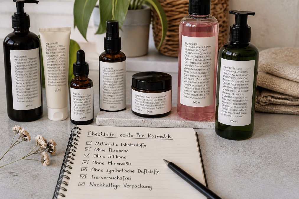 Anordnung hochwertiger Naturkosmetik-Produkte mit sichtbaren Etiketten und Inhaltsstofflisten auf hellem Untergrund, daneben ein Notizbuch mit handschriftlicher Checkliste