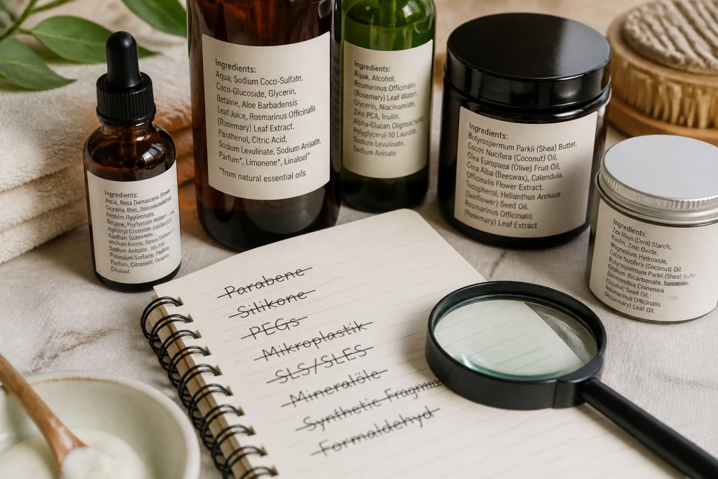 Nahaufnahme verschiedener Kosmetikprodukte mit detaillierten Etiketten und Inhaltsstofflisten, daneben Lupe und handschriftliche Checkliste mit durchgestrichenen Schadstoffen