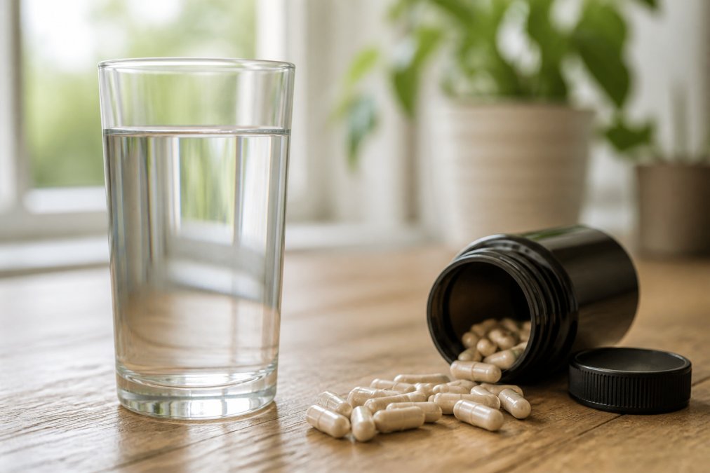 A clear glass of water on a wooden table beside an open supplement bottle with capsules spilling out, soft natural daylight from a window