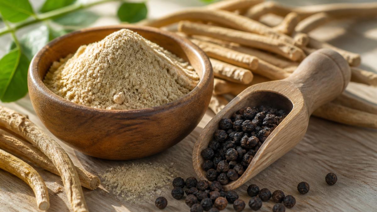Close-up of organic ashwagandha root powder and black peppercorns arranged on a light wooden surface with soft natural morning light, emphasizing the ingredient combination for bioavailable formulas