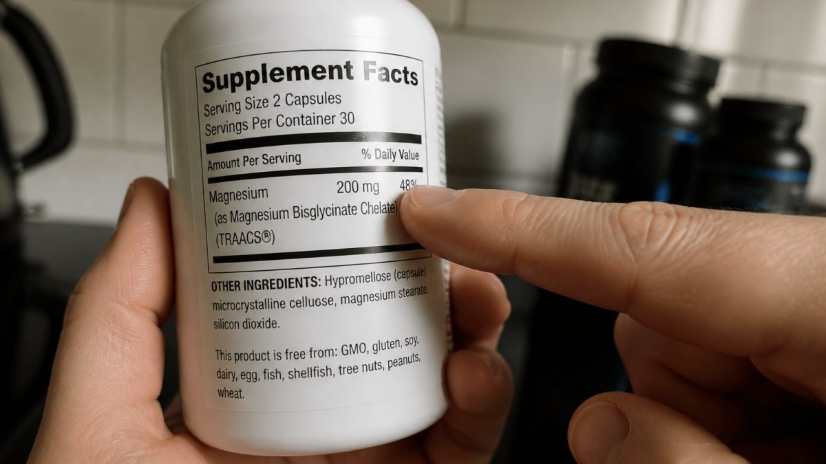 Close-up of a supplement bottle label showing magnesium content and elemental dose information with a hand pointing to key details on the label