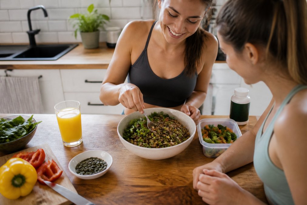 Lentil and spinach salad with vitamin C-rich orange juice for optimal plant based iron absorption on a wooden table.