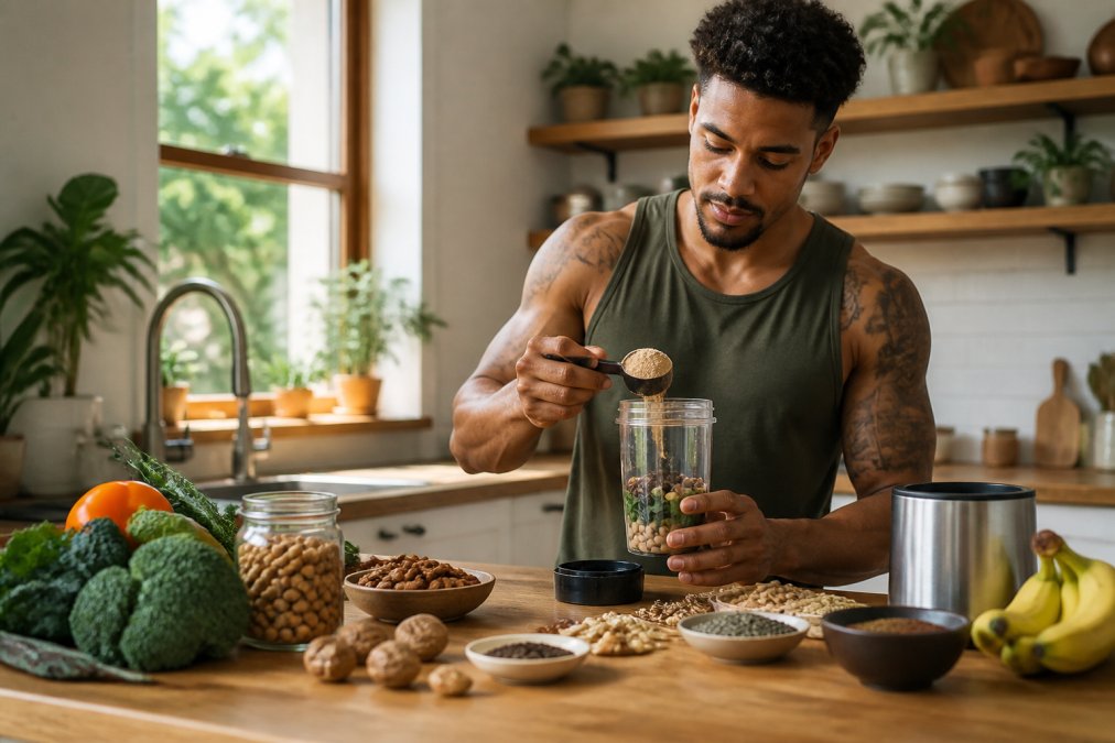 Plant-based athlete in modern kitchen preparing a protein shake, with visible ingredients including legumes, nuts, seeds, and fresh vegetables on a wooden counter in natural sunlight