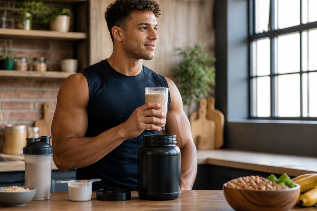 Athletic person holding a glass of prepared plant-based protein shake showing smooth texture and consistency, with VitaFaze product packaging and bowl of whole plant ingredients visible on table