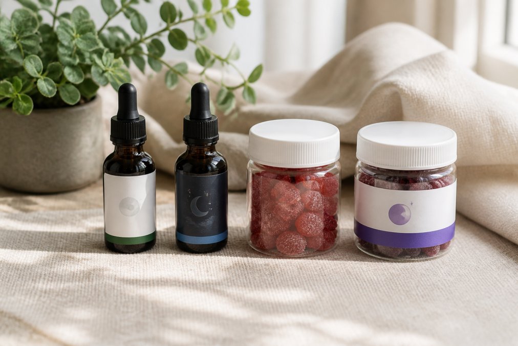 A flat-lay photo of four different sleep supplement products, including two tincture bottles with droppers and two gummy jars, arranged neatly on a calm neutral-colored linen surface with a small green plant beside them and soft natural window light
