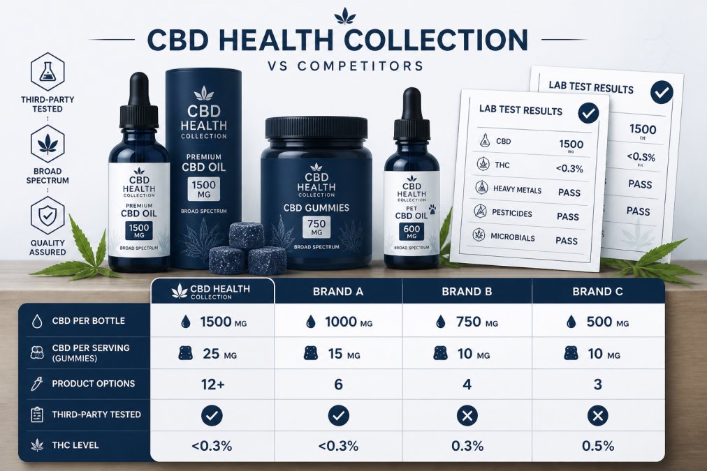 Close-up of CBD oil bottles and gummies arranged on a wooden surface with hemp leaves, showing different product formats and packaging with lab certificates visible