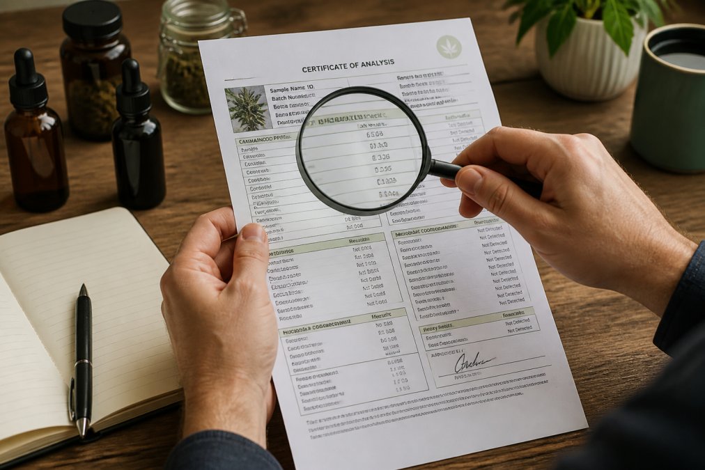 Person's hands holding a printed lab certificate document with a magnifying glass, highlighting key test results and THC and CBD percentages, quality markers, and batch numbers visible