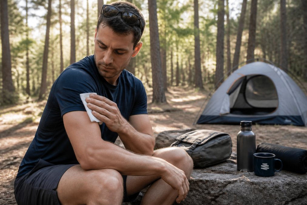 Camper using biodegradable body wipes to clean up at a forest campsite after a day of hiking