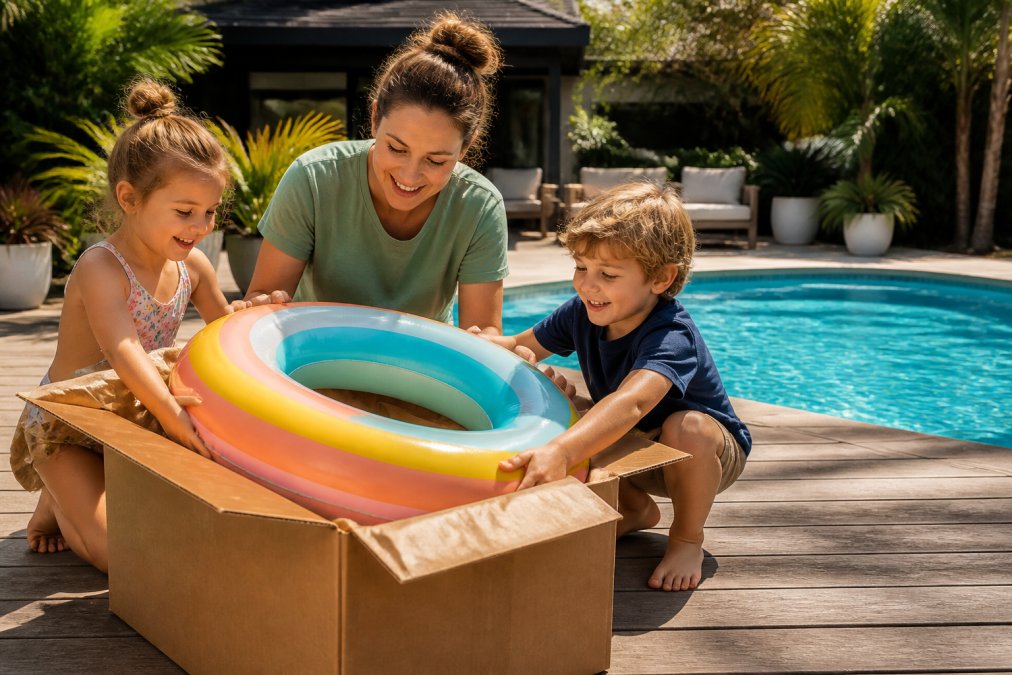 A parent and two young children crouching beside a large cardboard shipping box, pulling out a brightly coloured pool float, beside a backyard swimming pool on a clear sunny summer day