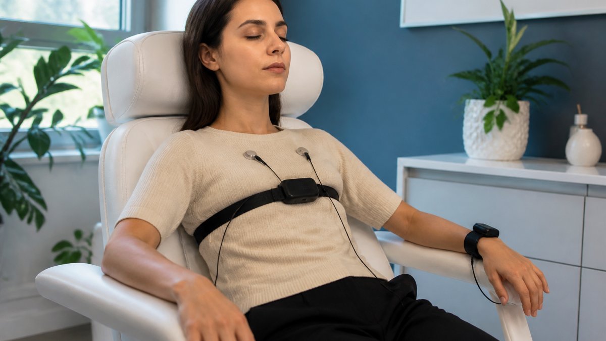 Patient using biofeedback therapy vs meditation for anxiety with heart rate sensors in a clinical setting