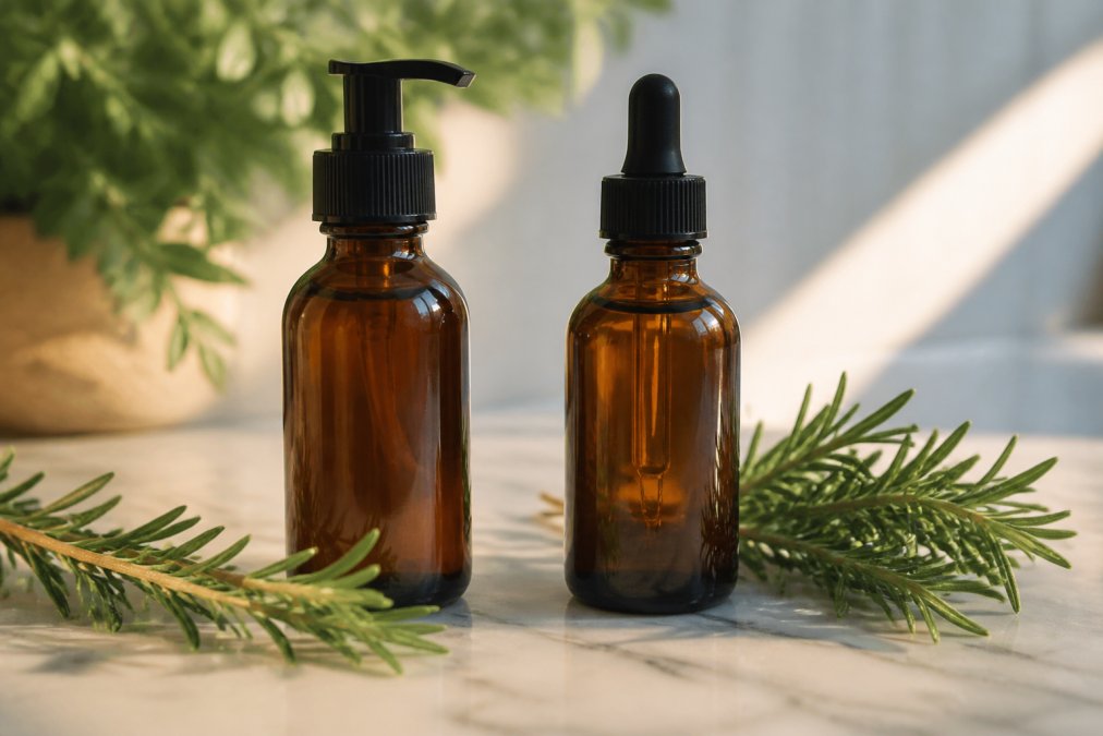 Due flaconi in vetro ambrato di cosmetici naturali su piano in marmo con rami di rosmarino fresco e luce naturale