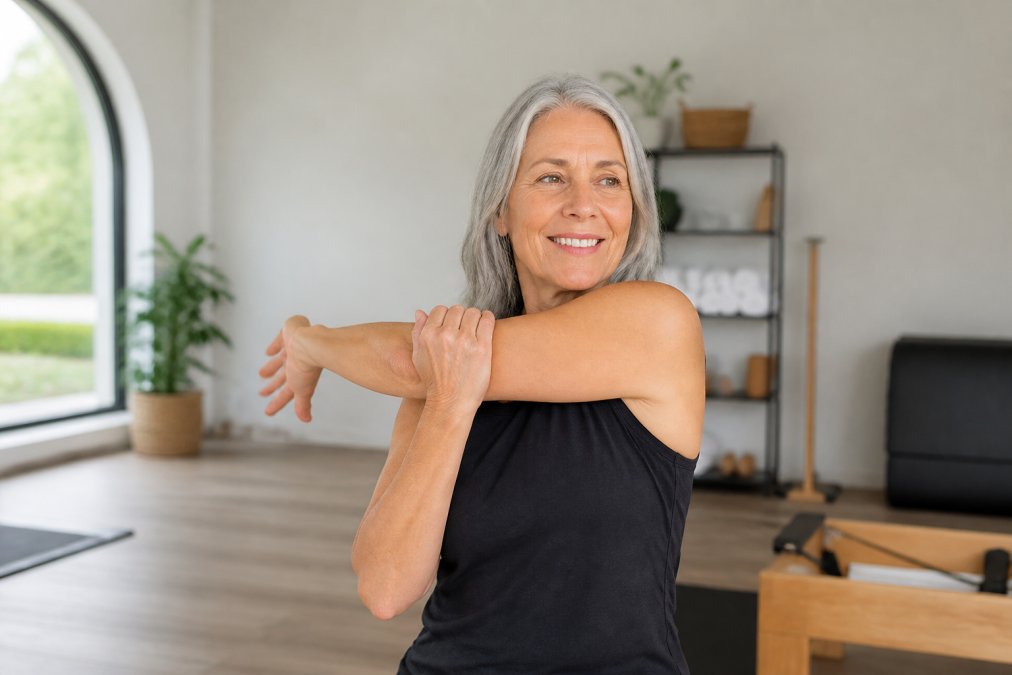 A confident woman in her late 50s with silver hair smiling while doing a light stretch in a bright, modern wellness studio