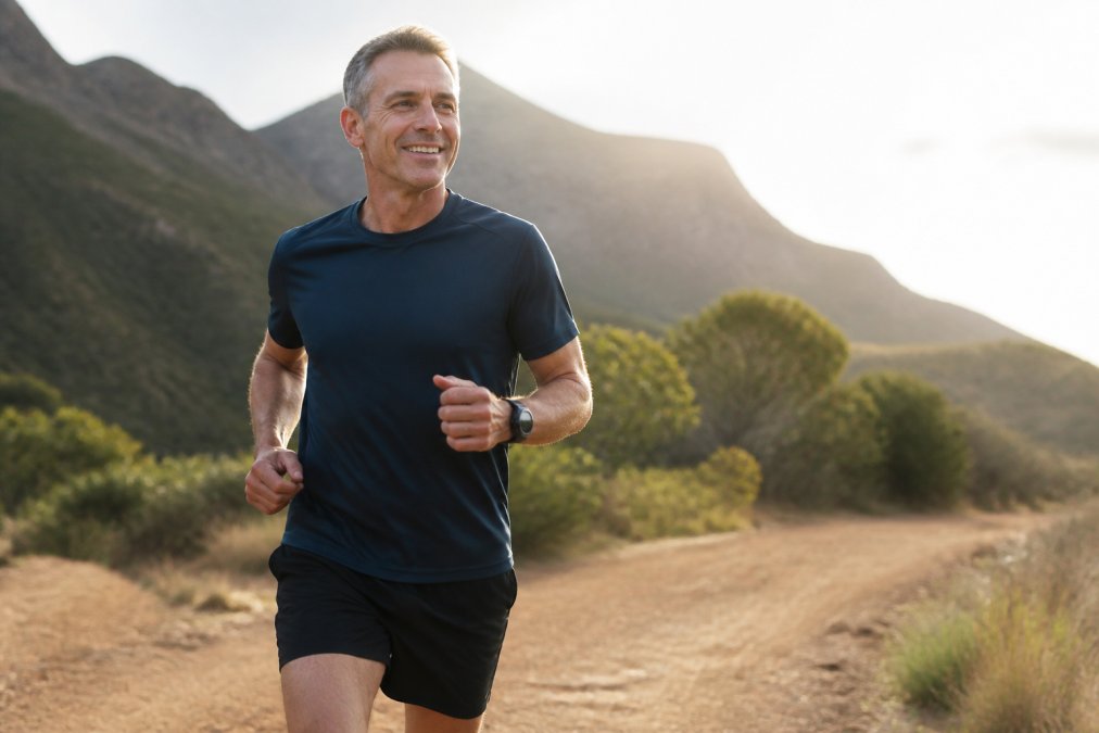 Active adult in their 40s or 50s exercising outdoors during a morning run, showing strength and vitality with natural sunlight, representing cellular health and energy