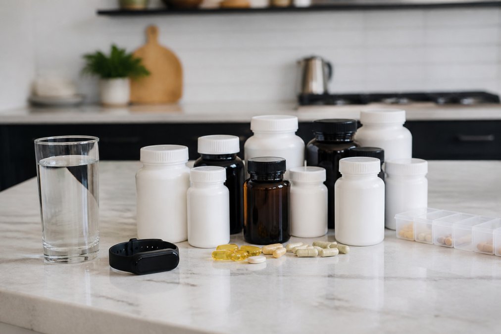 Organized supplement bottles and capsules arranged on a clean kitchen counter with a glass of water and a fitness tracker nearby, representing daily wellness habits and routine