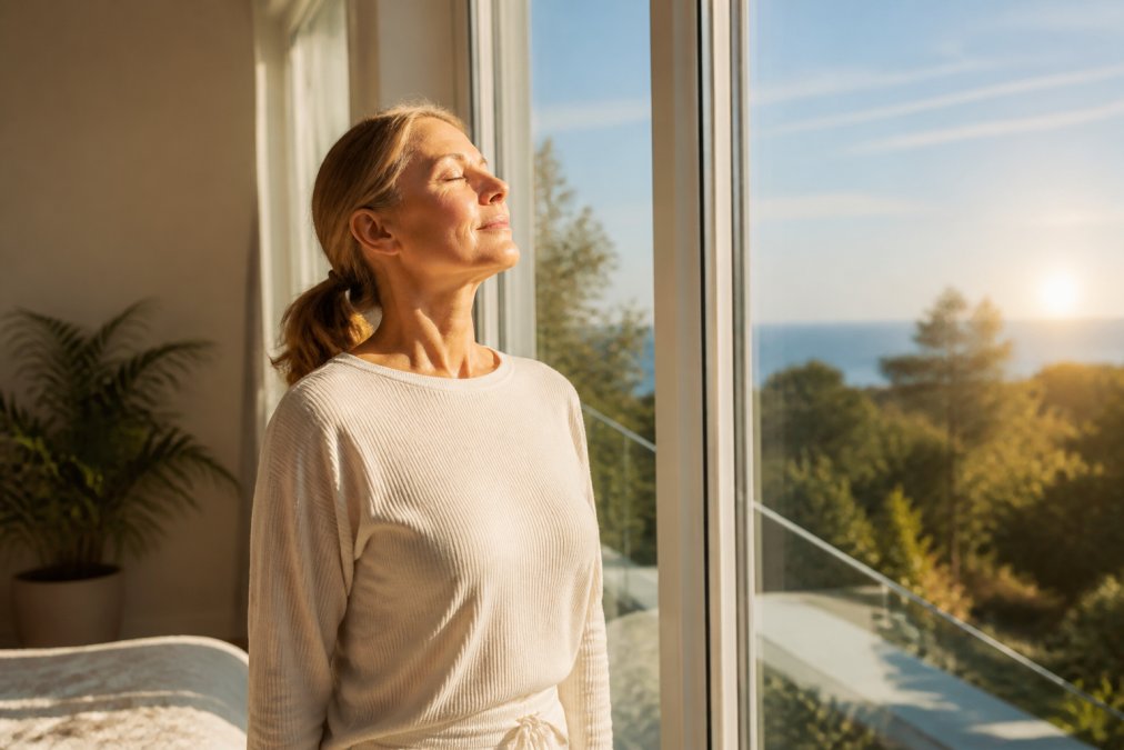 A woman in her 50s standing near a large window in the morning, eyes closed, face gently lifted toward bright natural sunlight streaming through the glass, wearing casual cream-colored wellness attire, soft warm morning light filling the room
